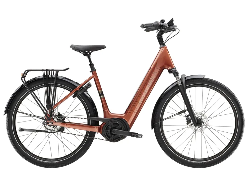 Trek District+ 4 Lowstep Black Satin 725wh Electric City Bike in Pennyflake