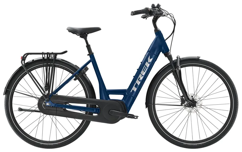 Trek District+ 8 Lowstep eHybrid Electric City Bike in Mulsanne Blue