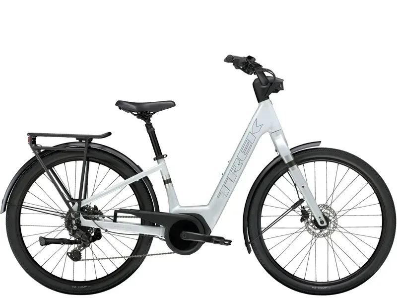 2026 Trek Verve+ 2 Lowstep Hybrid E-Bike in Plasma Grey Pearl